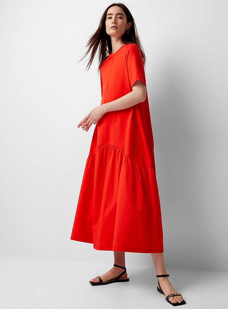 Drykorn Light Red Malasi vermilion ruffle-hem tee dress for women