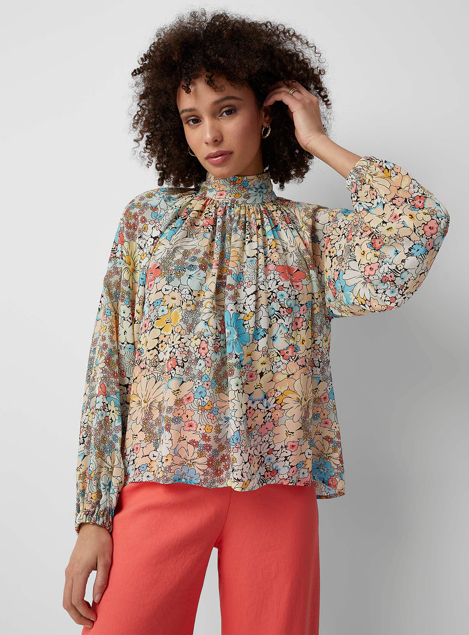 Drykorn Watercolour Flowers Mock-neck Blouse In Patterned Yellow