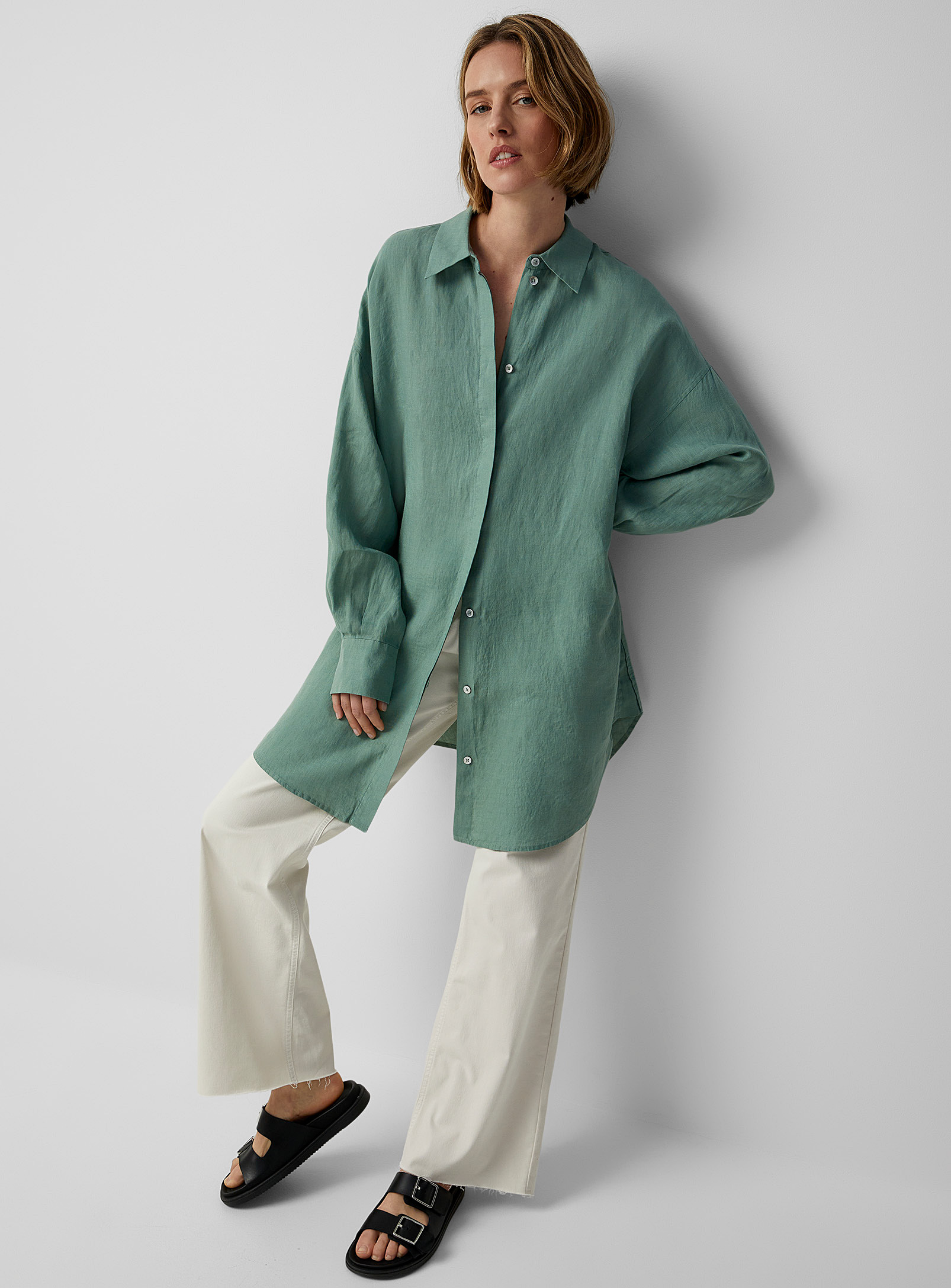 Drykorn Midinia Sage-coloured Linen Tunic Shirt In Kelly Green