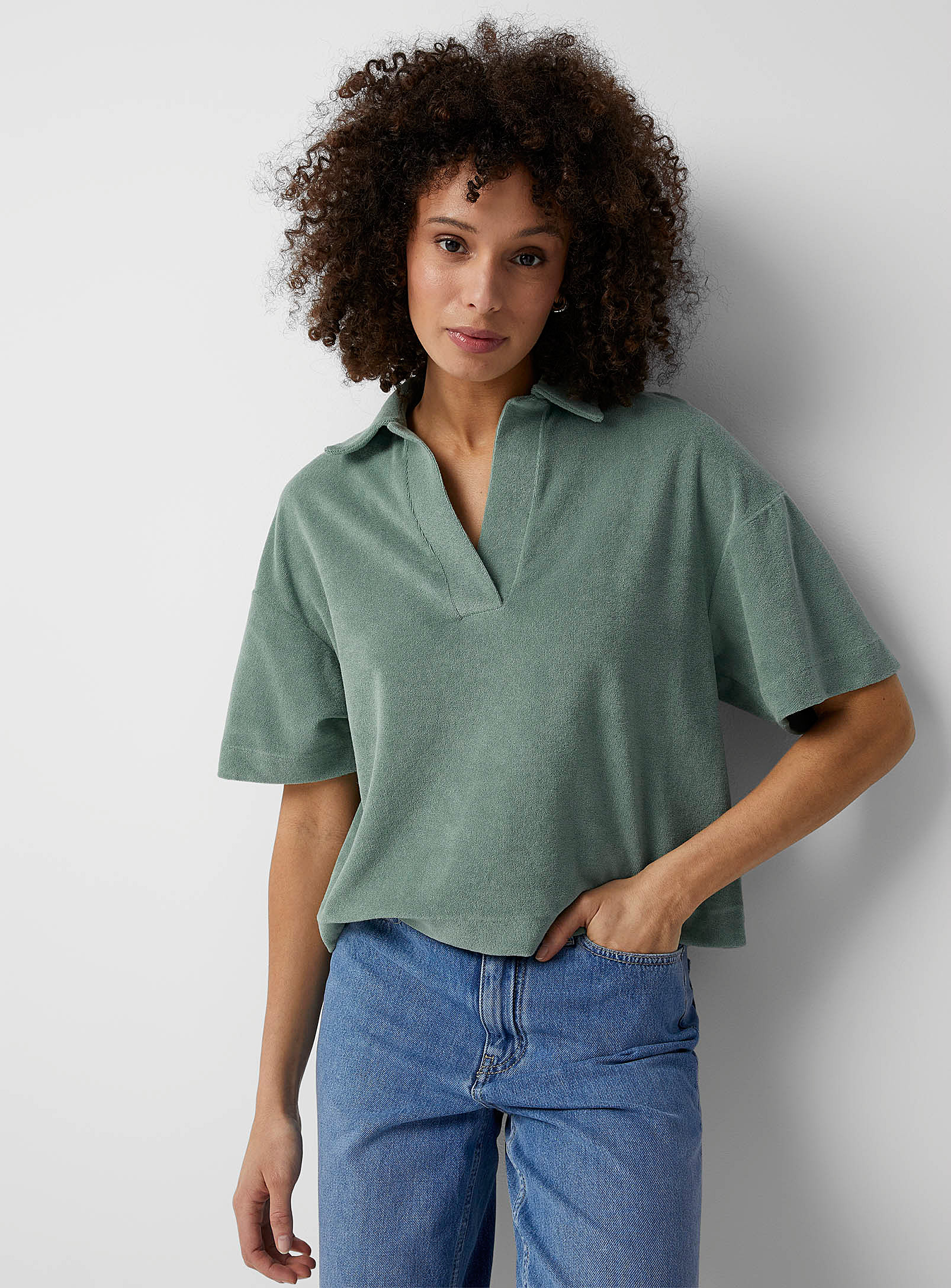 Drykorn Sage Terry Johnny Collar Blouse In Kelly Green