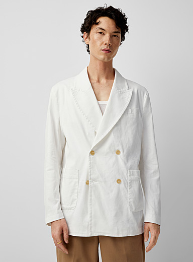 Double-breasted white linen jacket