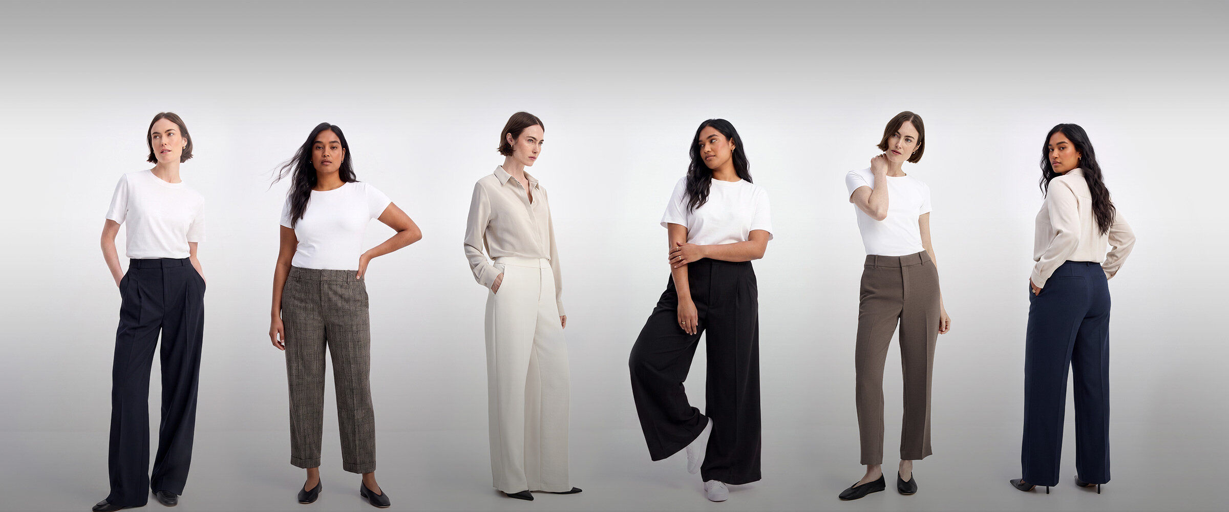 Our 3 exclusive pants in ivory, black, and brown.
