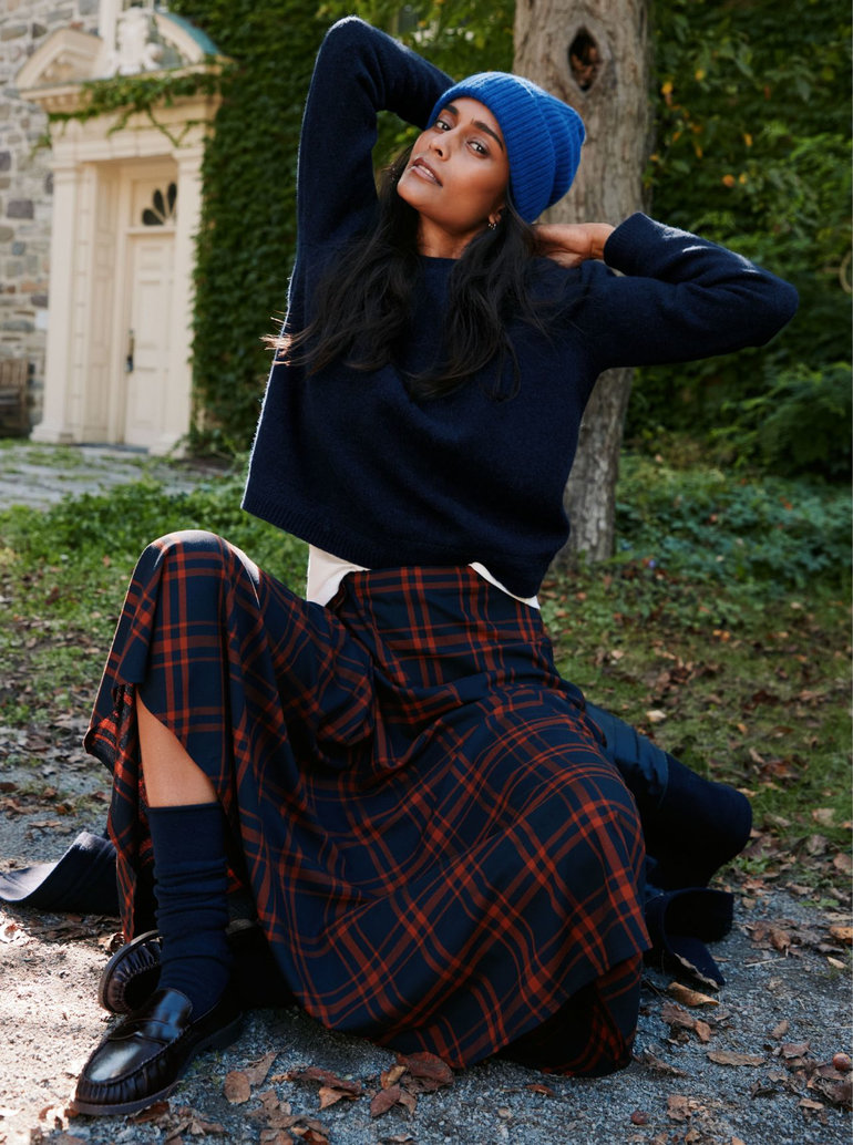 Asymmetrical drape plaid skirt exclusively at Contemporaine by Simons
