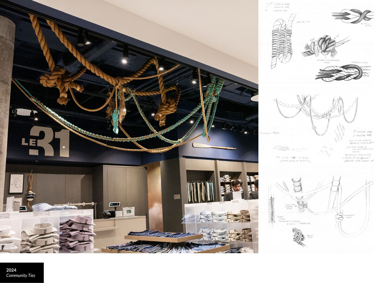 The artwork Community Ties on display at the Simons store in Calgary and the artist's preparatory sketches.