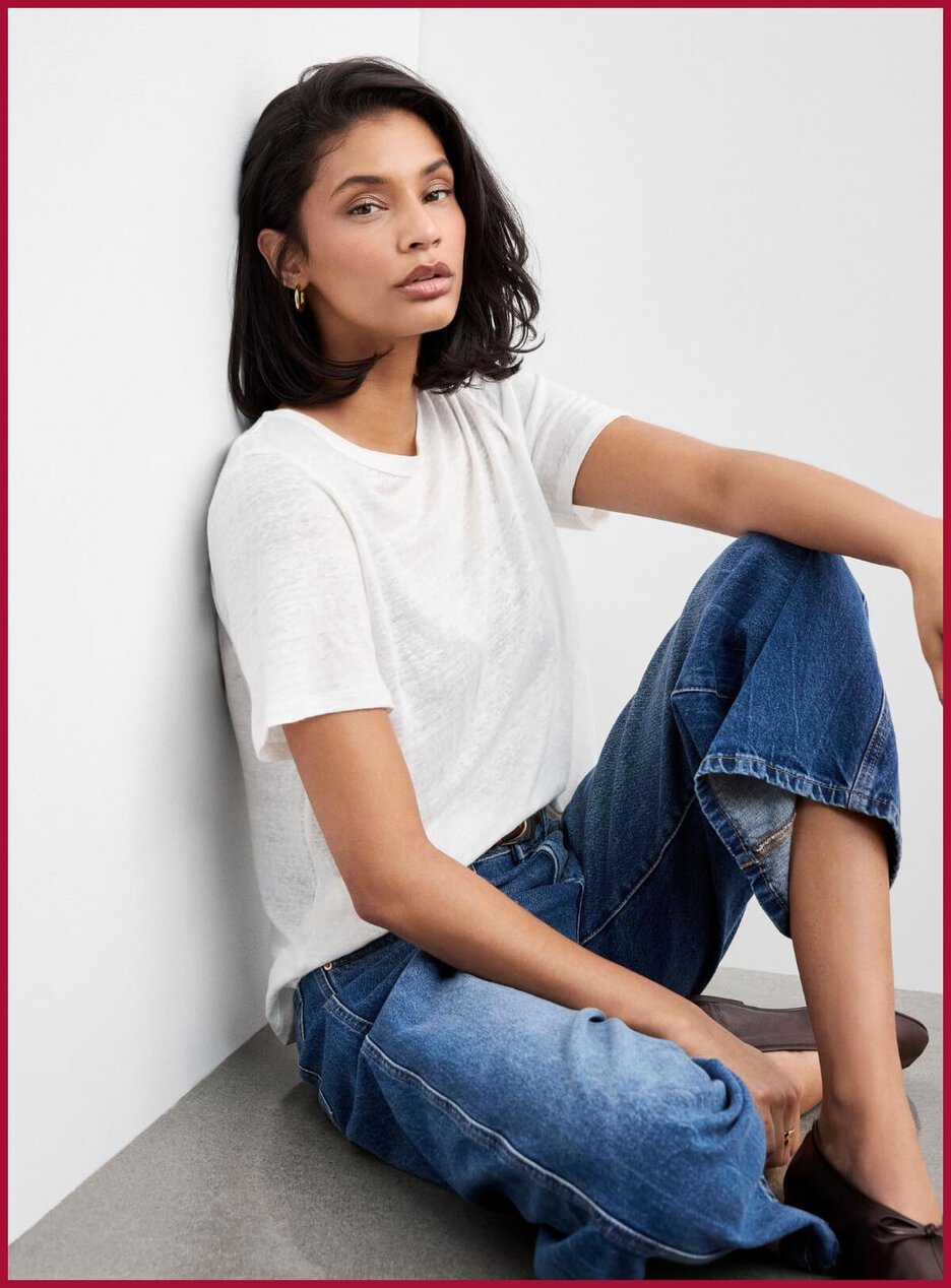 Solid pure linen crew-neck T-shirt