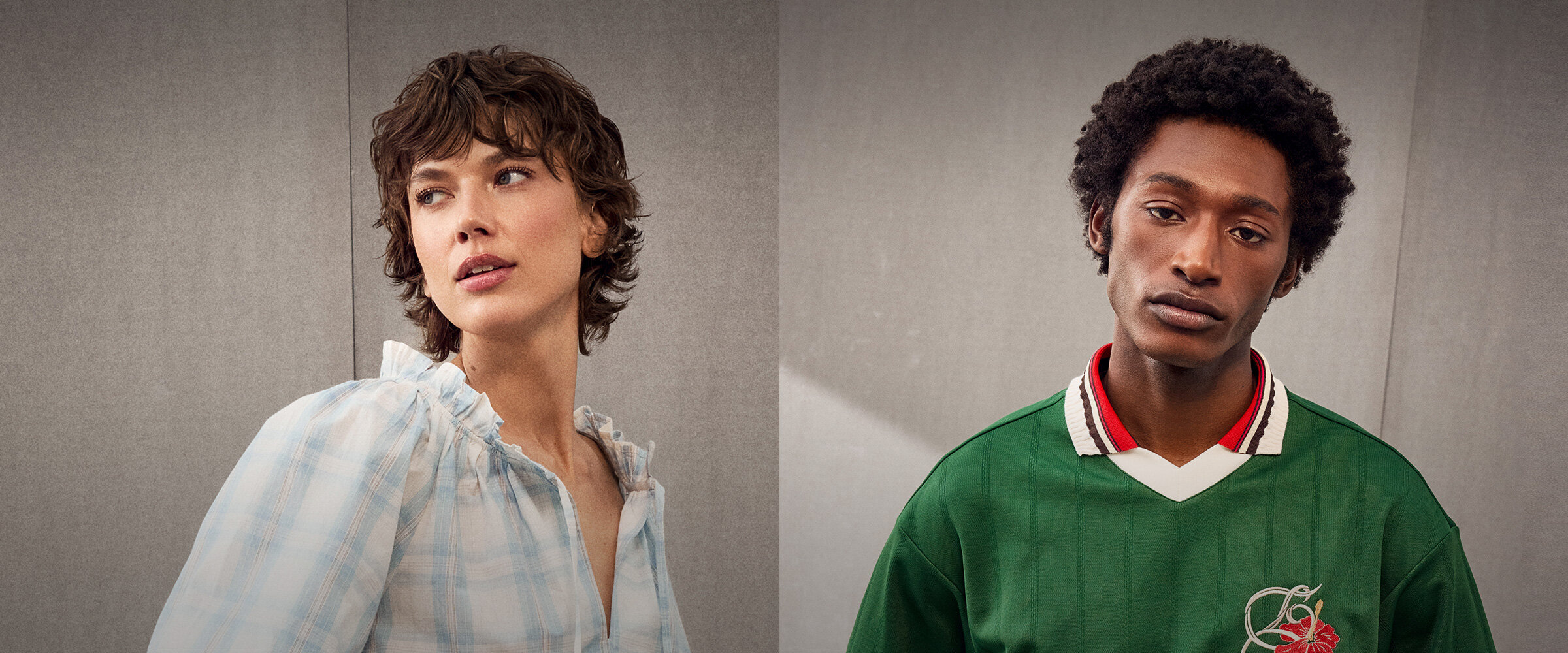 A white and blue checkered poplin blouse for women by danish brand Skall Studio  and a hibiscus embroidered green soccer jersey for men by parisian brand Drôle de Monsieur at Édito Simons