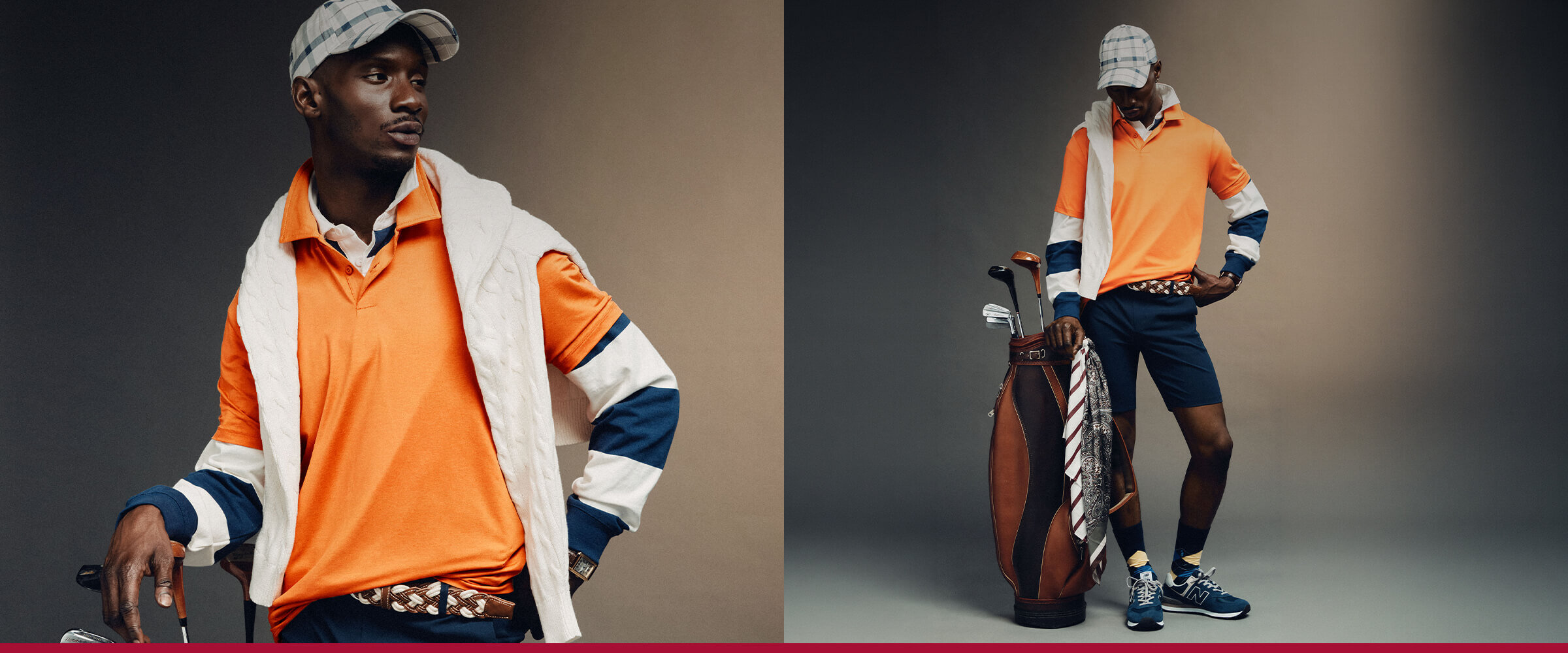 Man wearing and orange golf polo standing next to a golf bag