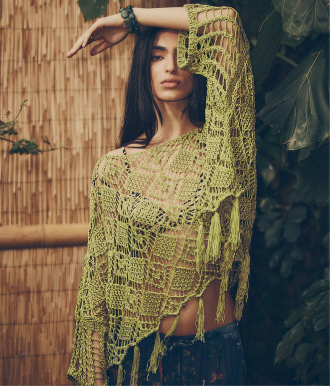 Fringed crochet poncho at Icône by Simons