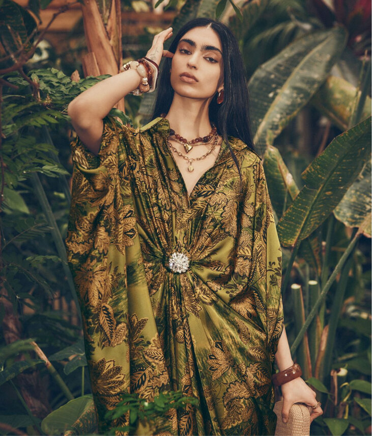 Crystal-pin luxurious satin shirt-style maxi tunic at Icône by Simons