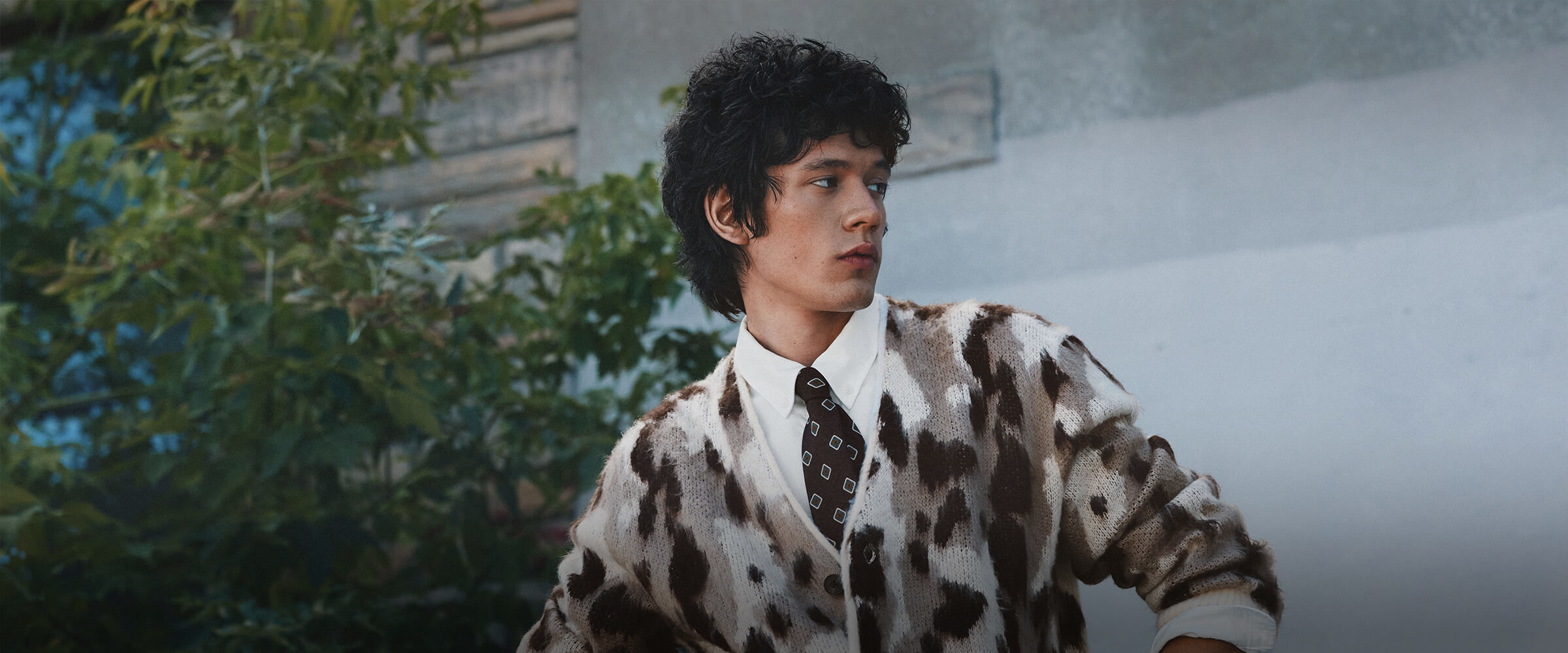 Man in a brown-and-cream patterned cardigan, white shirt and tie, posing in front of a wall framed by greenery.