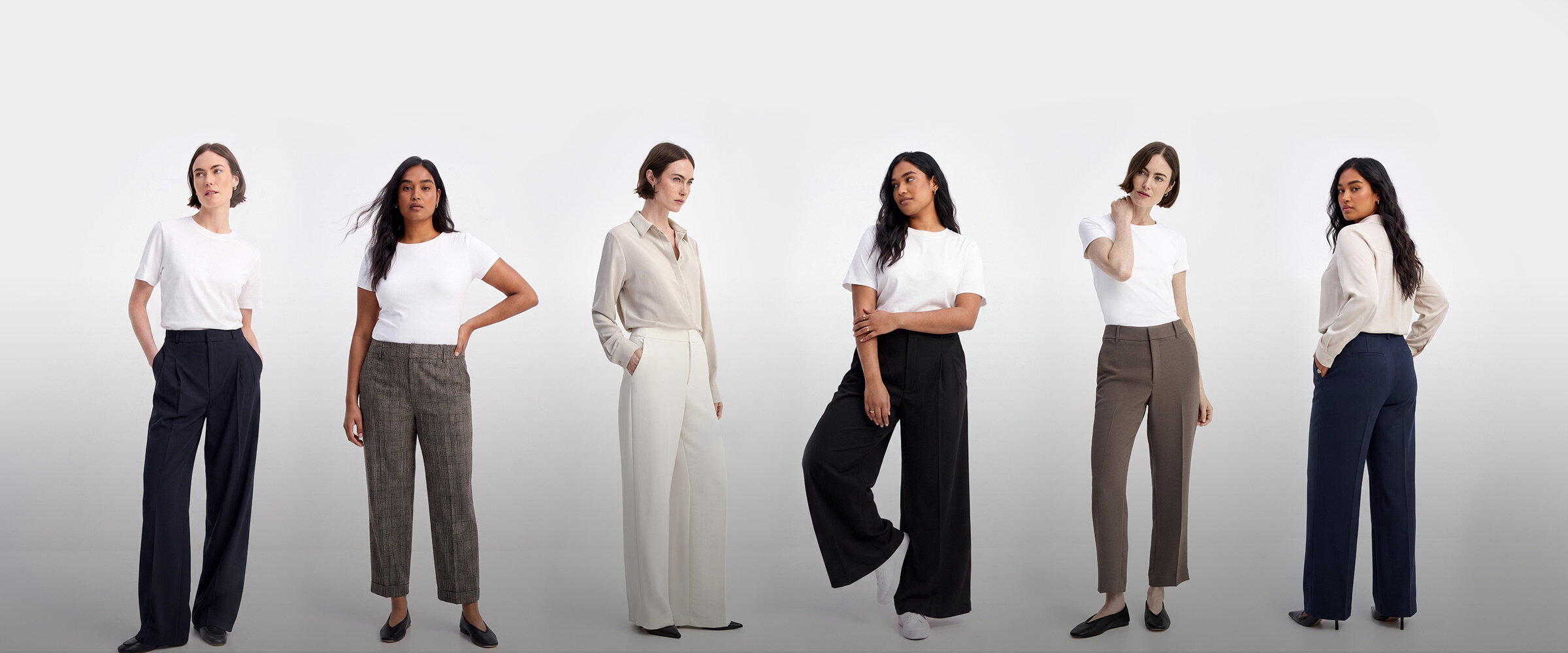 Our 3 exclusive pants in ivory, black, and brown.