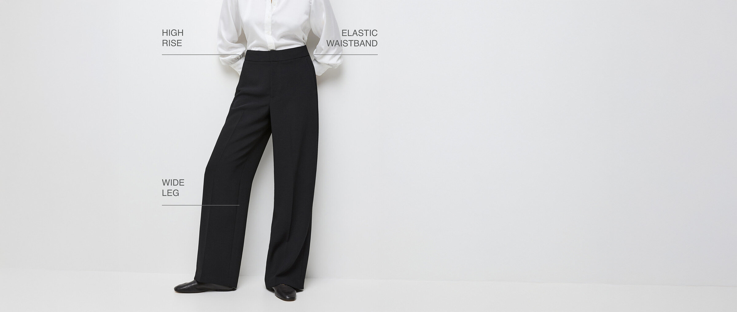 High rise, elastic waistband, wide leg