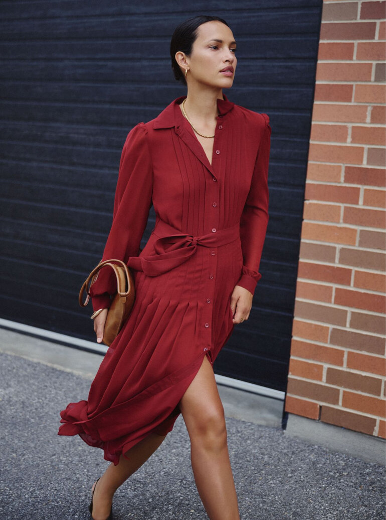 Dark red pleated chiffon shirtdress