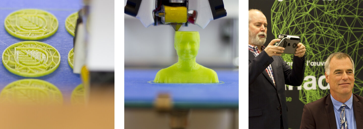 Montage de trois photos montrant un buste en cours d'impression ainsi que Douglas Coupland numérisant le buste de Peter Simons