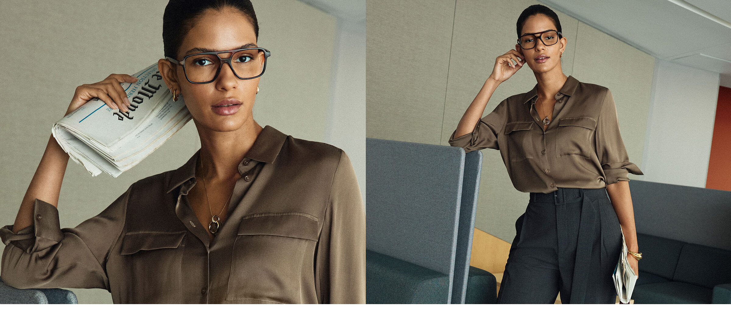 Woman wearing a taupe brown silk shirt