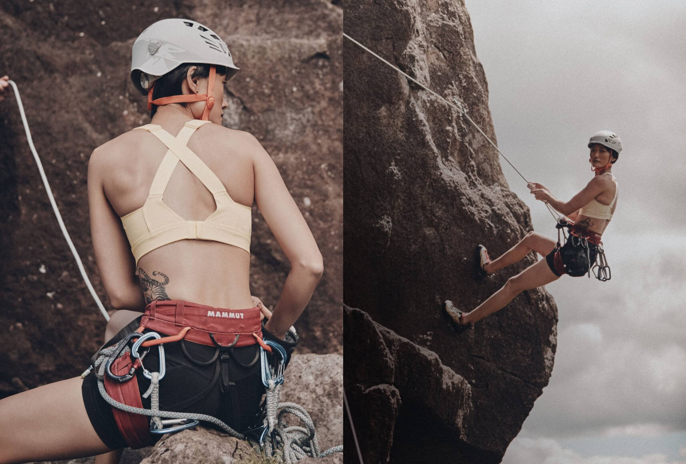 A woman is rock climbing wearing a butter-yellow cross-back straps sports bra.