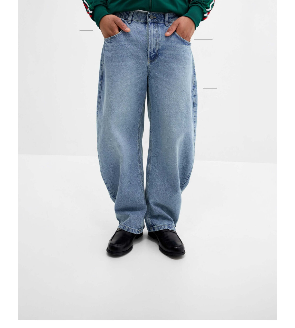 Low waist, drop crotch, loose hip and thigh, and wide, slightly tapered leg