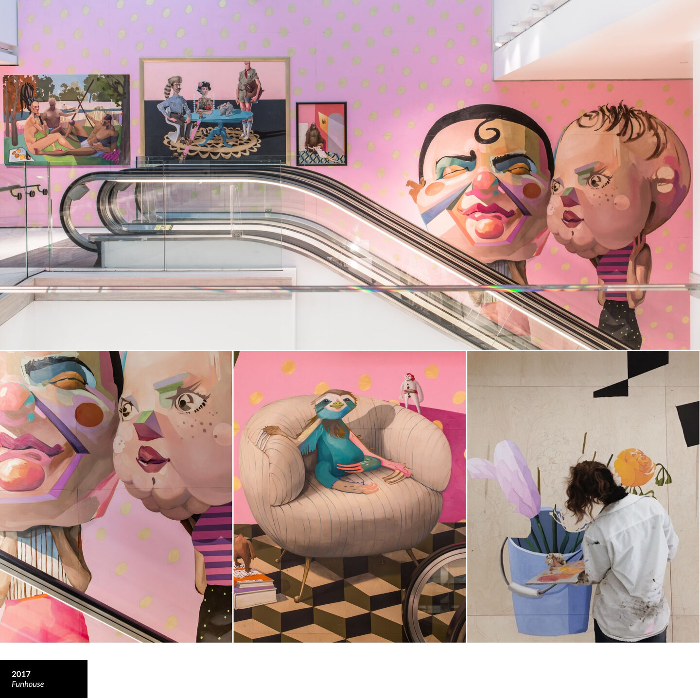 Details of Maya Gohill's giant Funhouse mural in the Simons store in Calgary.