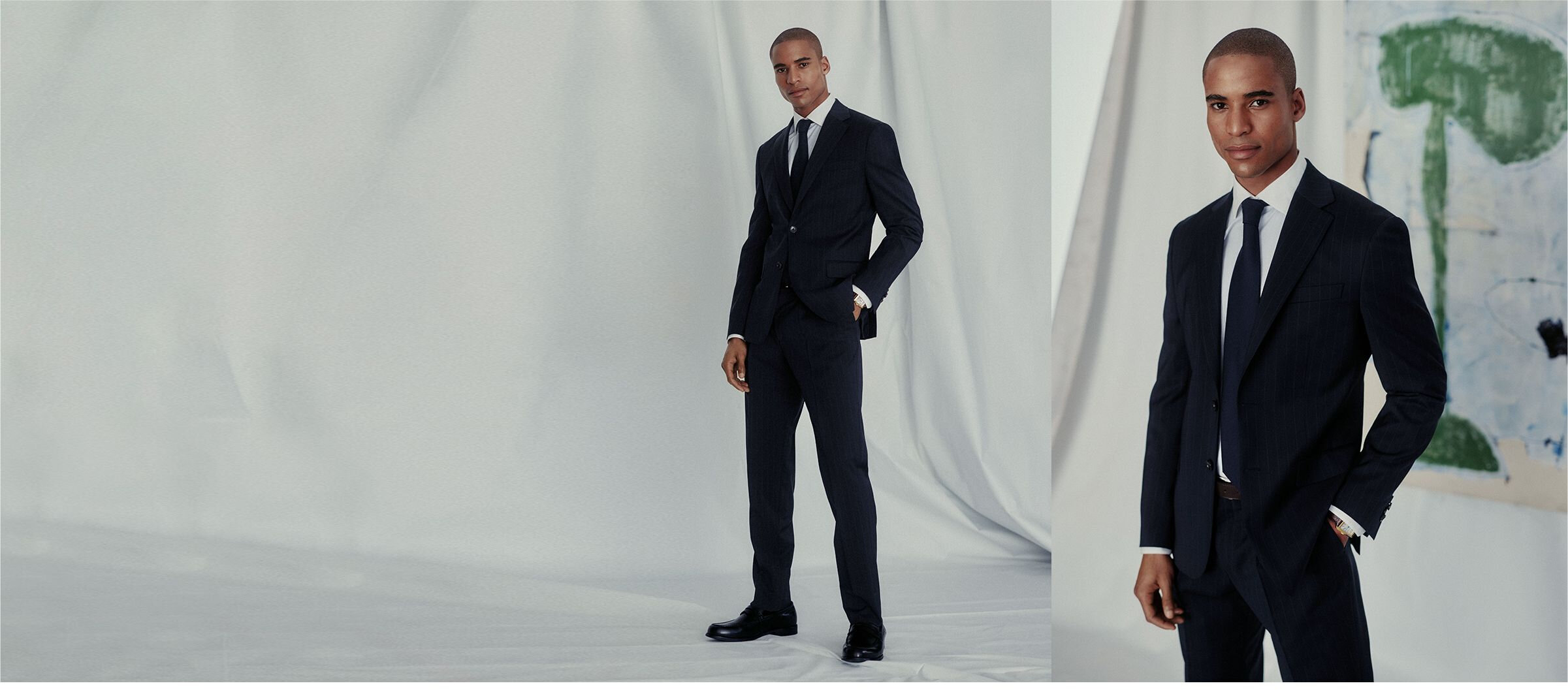 A man wearing banker-striped Marzotto wool suit separates
