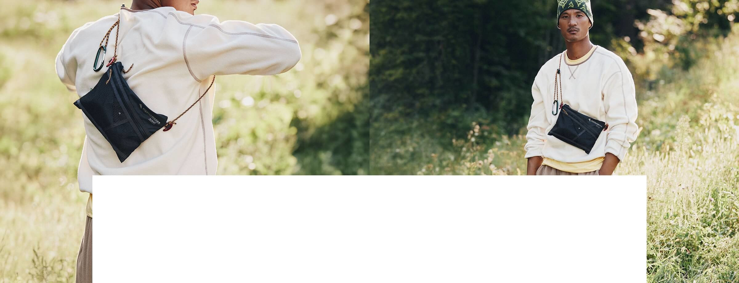 Two views of a man outdoors wearing a white sweatshirt, a patterned beanie, and a black crossbody bag.